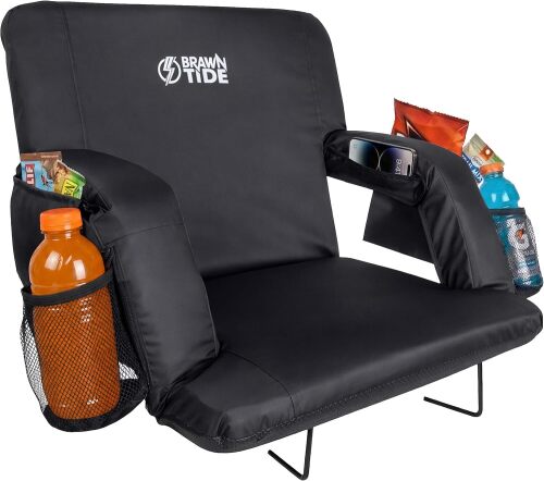 BRAWNTIDE Stadium Seat for Bleachers with Back Support - Wide Padded Reclining Bleacher Seat, Portable Folding Stadium Chair with Armrests, Hooks, Straps, Cup Holders & Pockets