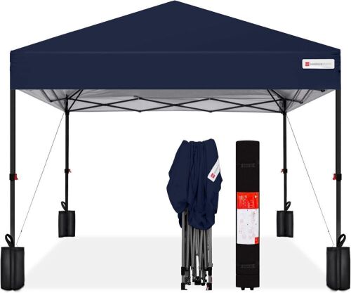 10x10ft Pop Up Canopy Tent, Outdoor Shade, 1 Person 1 Minute Set Up, Carry Case, 4 Weight Bags - Navy Blue