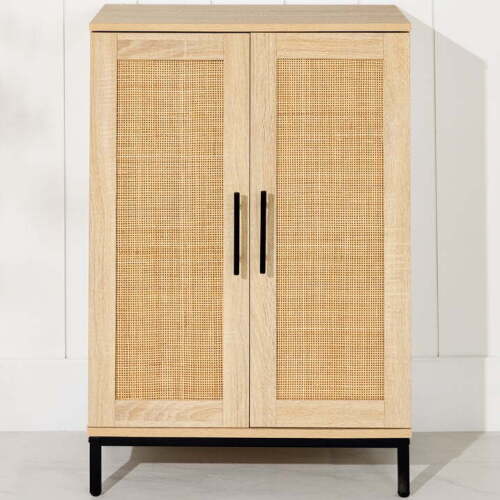 2-Door Natural Rattan 34 x 24in Storage Cabinet for Bathroom, Living, Dining w/ Adjustable Shelves