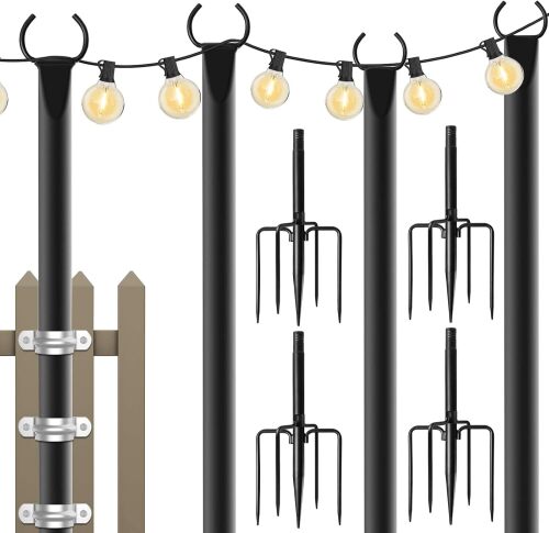 9FT Metal String Light Poles, with Fence Brackets, 4 Pack Metal Poles for Outdoor Lights, Patio, Deck, Yard, Garden, Expo, Wedding and Party Decorations