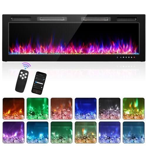 60" Electric Fireplace Insert, 1500W Wall-mounted/Built-in Fireplace Heater with WIFI Control, Remote Control, 12 Color - Black