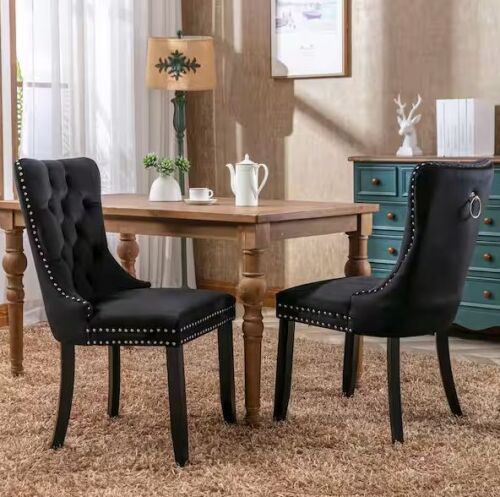 Black Modern Velvet Upholstered Dining Chair Tufted Nailhead Trim with Wood Legs, Set of 2
