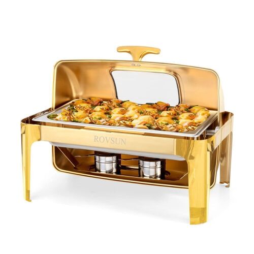 ROVSUN 9 QT Roll Top Rectangular Gold Chafing Dish Buffet Set with Visible Window