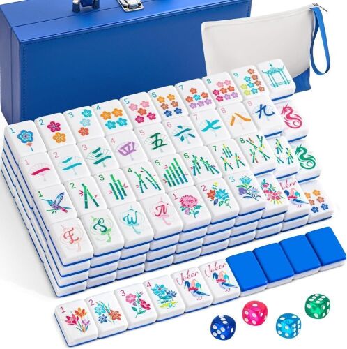 1.2 Inch Acrylic Blue American Mahjong Set 168 Blossom Numbered Tiles, Tiles Bag and Portable Case
