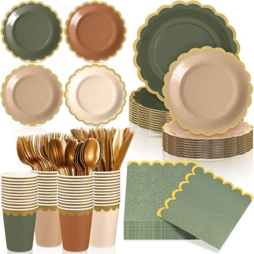 Lot of (3) 169 Pcs Sage Green and Brown Party Supplies