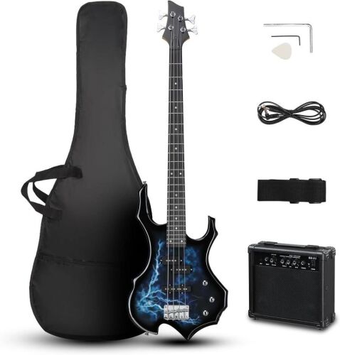 Electric Bass Guitar Full Size Flame Design Bass Set with 20 Watt Amplifier, Portable Bass Bag