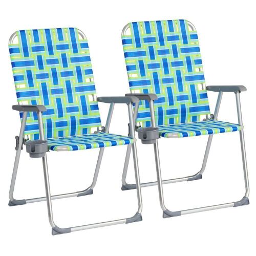 Portable Outdoor Folding Camping Beach Chair Set with Cup Holder Blue, 2 pack