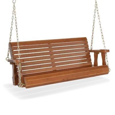 VINGLI 4 FT 2-Seater Brown Wooden Porch Swing with Hanging Chains