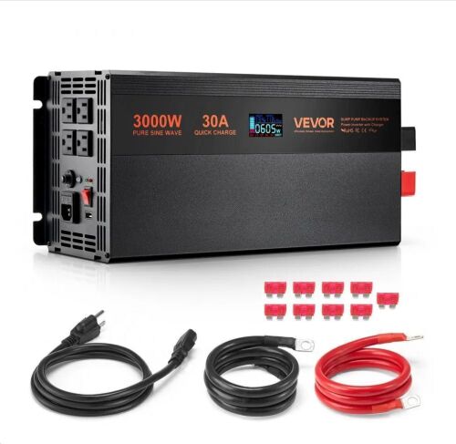 VEVOR Sump Pump Battery Backup System, 3000W, Auto Switches to Battery Inverter for Continuous Sump Pump Operation, Pure Sine Wave, LCD Display