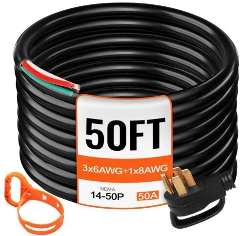 VEVOR 50' 50A RV Camp Power Cord Generator Cord 6/3 + 8/1 AWG NEMA 14-50P to Bare Wire