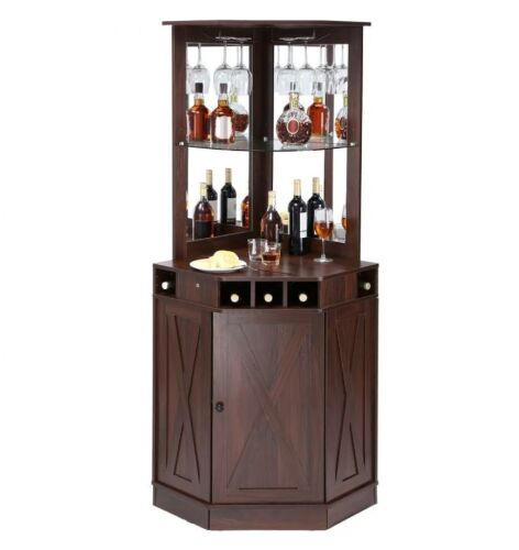VEVOR Corner Sideboard Buffet Cabinet with Glass Holder, Black Walnut