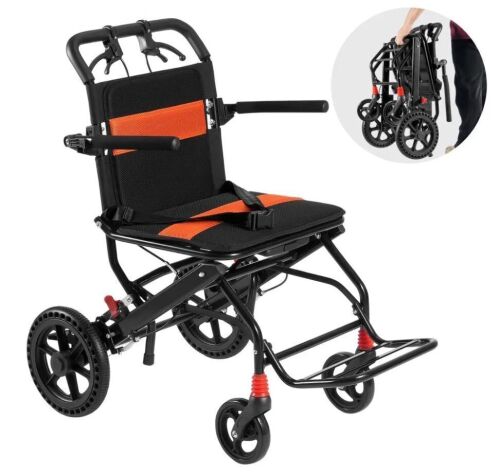 VEVOR Aluminum Alloy Ultra-Lightweight Transport Wheelchair with Flip-Back Desk-Length Arms, Self-locking Brake, 18-Inch Wide Seat, 220lbs Weight Capacity