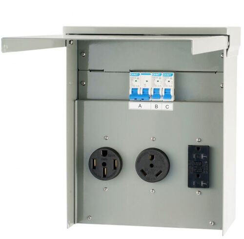 VEVOR Temporary Power Outlet Panel, 125/250V, RV Power Outlet Box with a 20/30/50 Amp Receptacle Installed, NEMA 14-50R / NEMA TT-30R / 15A GFCI