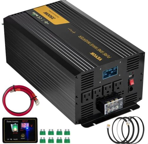 VEVOR Pure Sine Wave 3500 Watt Power Inverter, DC 12V to AC 120V, with USB Port LCD Display Remote Controller and AC Outlets
