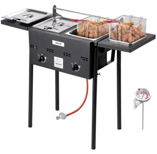VEVOR Outdoor Propane Deep Fryer, Dual-Tank 8QTx2, Foldable Platform, Dual Basket, and Heat Adjustment