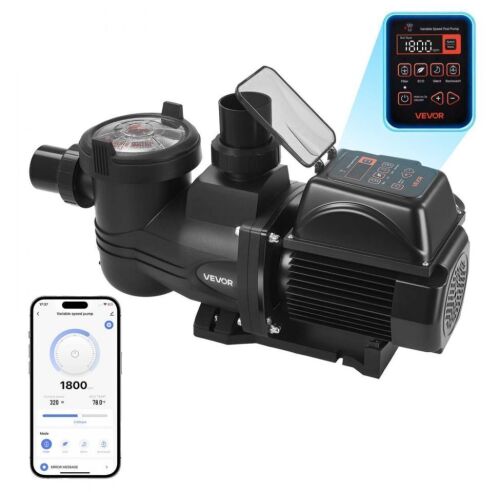 VEVOR Variable Speed Pool Pump, 2 HP, AC 220-240V, 145 GPM, Filter Basket, Powerful Self Priming, Programmable Timer