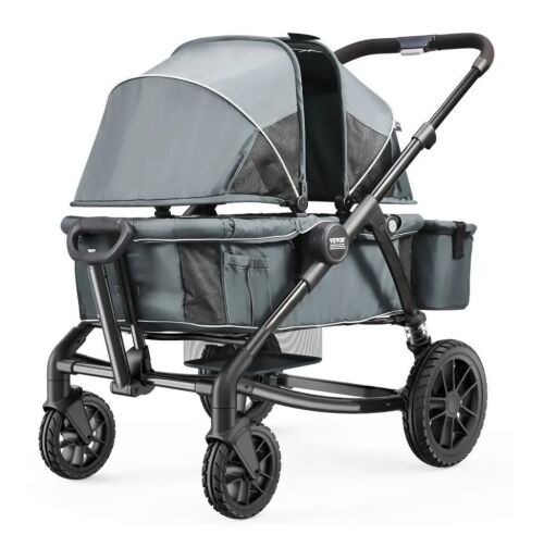 VEVOR All-Terrain 2 Seats Foldable Expedition 2-in-1 Collapsible Wagon Stroller, Includes Canopy, Parent Organizer, Snack Tray & Cup Holders, 55lbs for Single Seat, Dark Grey/Black