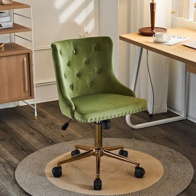 VINGLI 23W x 40H Olive Green Velvet Swivel Upholstered Armless Office Desk Chair with Gold Base