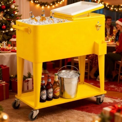 80 Qt Rolling Ice Chest Cooler Cart with Storage Shelf, Bottle Opener & Cap Collector