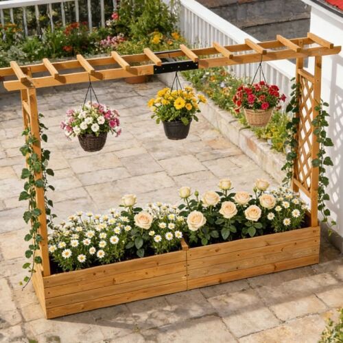 Teak Raised Garden Bed with Trellis & Hanging Roof