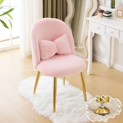 VINGLI 32-in H Fluffy Girls Vanity Chair with Back Pillow and Ajustable Gold Legs Plush Pink