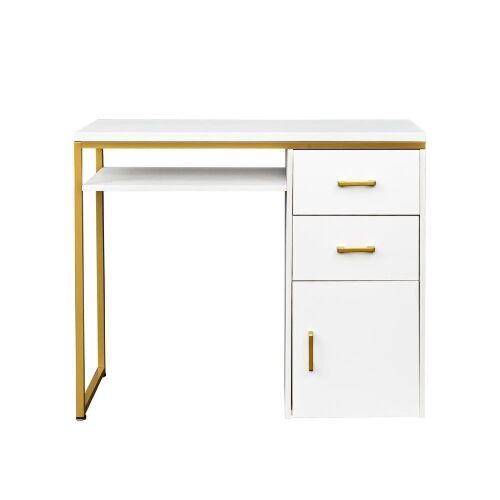 Modern White Computer Desk with 2 Drawers, 1 Door