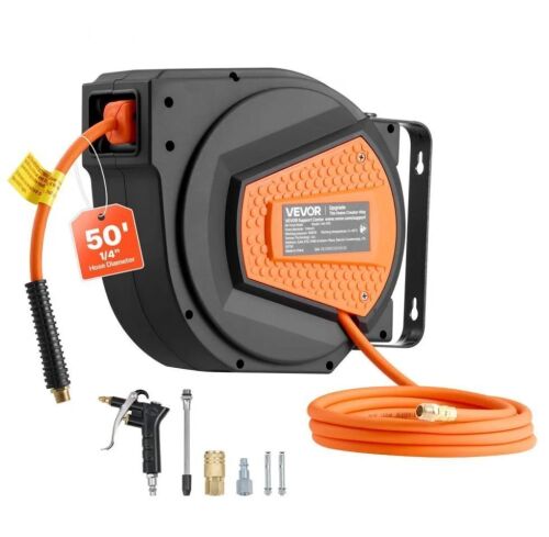VEVOR Retractable Air Hose Reel, 1/4 Inch x 50 FT Hybrid Air Hose Max 300PSI, 180° Swivel Ceiling/Wall Mount