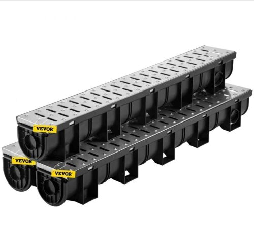 VEVOR Trench Drain System, Channel Drain with Metal Grate, 5.9x5.1-Inch HDPE Drainage Trench, Black Plastic Garage Floor Drain, 3x39 Trench Drain Grate, 3 End Caps