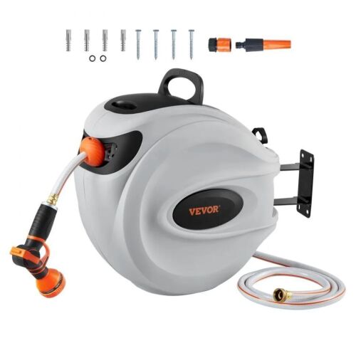 VEVOR Retractable Hose Reel, 130 ft x 1/2 inch, 180° Swivel Bracket Wall-Mounted, 9-Pattern Nozzle, Automatic Rewind, Lock at Any Length, and Slow Return System
