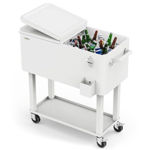 80 Quart Portable Outdoor Patio Rolling Cooler Cart White
