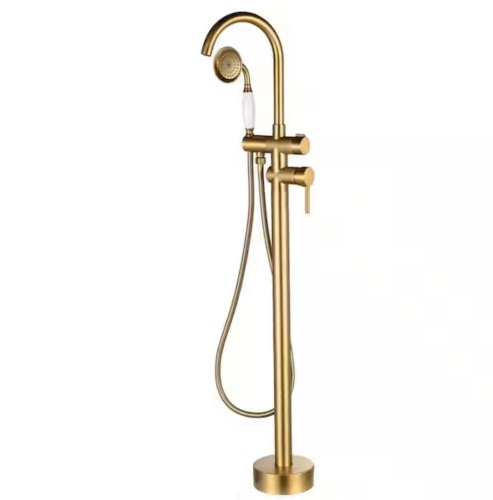 AKLFGN 1-Handle Floor Mount Freestanding Tub Faucet Bathtub Filler with Hand Shower in Brushed Gold