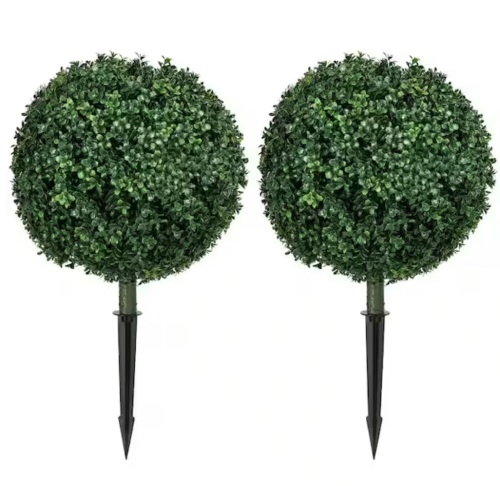 HOMCOM 27.6 in. Artificial Boxwood Topiary Trees with Ground Stake, UV Resistant Set of 2 Ball Shaped Trees