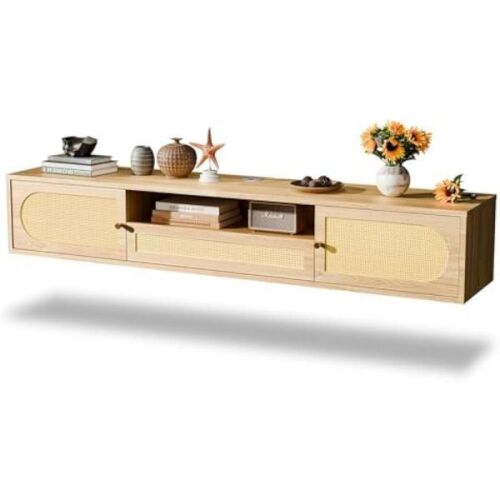 VINGLI Wall Mounted Rattan Floating TV Stand