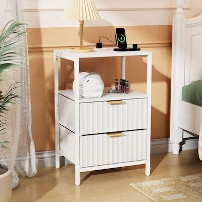 15" Wide Nightstand 2 Drawers 1 Shelf US Power Outlet