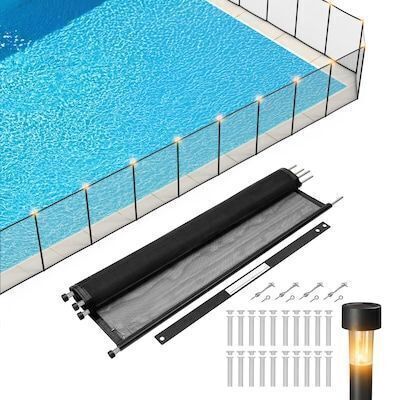 VINGLI 4FT x 12FT Pool Safety Fence for Inground Pools with Solar Powered Garden Lights Night Warning and Decor Black
