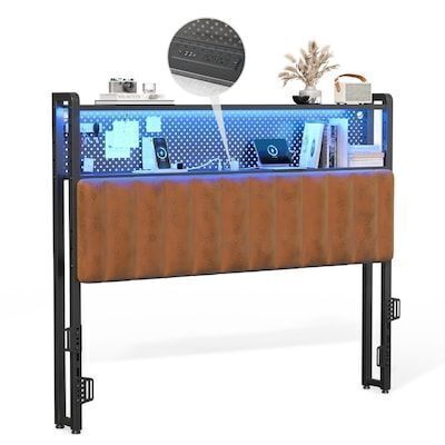VINGLI Full Size Upholstered Headboard with Charging Stations and LED Light 2 Tier Shelves and Pegboard Black Frame and Brown PU Back