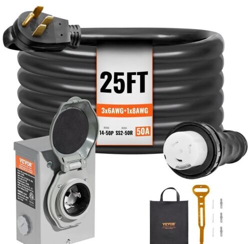 VEVOR 50 Amp Generator Cord and Power Inlet Box Kit, 25FT, NEMA 14-50P/SS2-50R STW 6/3+8/1 AWG Generator Power Cord with Twist Lock Connector, Pre-Drilled Inlet Box for Generator to House, ETL Listed