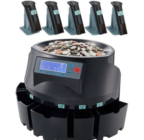VEVOR USD Coin Counter & Coin Sorters with LCD Display, Sorts up to 300 Coins/min, Change Counter Holds 2000 Coins Included 5 Coin Bins & 5 Tubes