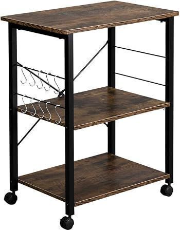 3-Tier Microwave Cart on Wheels with Storage, Rustic Brown