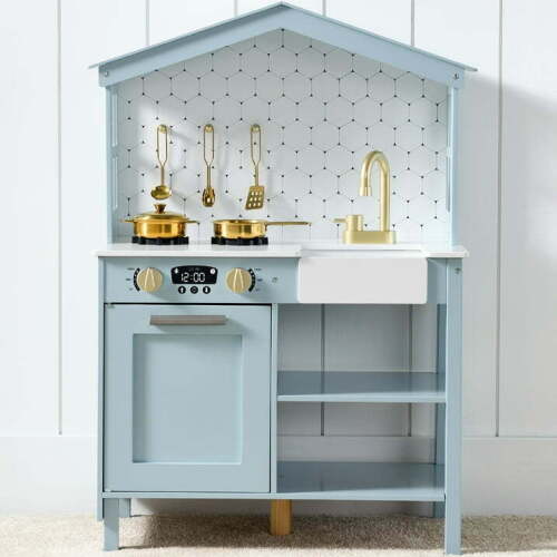 Pretend Play Wooden Farmhouse Kitchen Set w/ Storage, Clicking Knobs, 5 Accessories