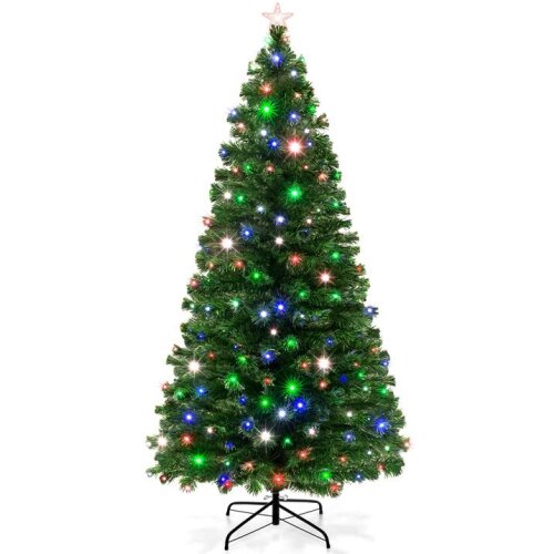 8ft Pre-Lit Fiber Optic Artificial Pine Christmas Tree w/ 320 Multicolored LED Lights, 8 Sequences