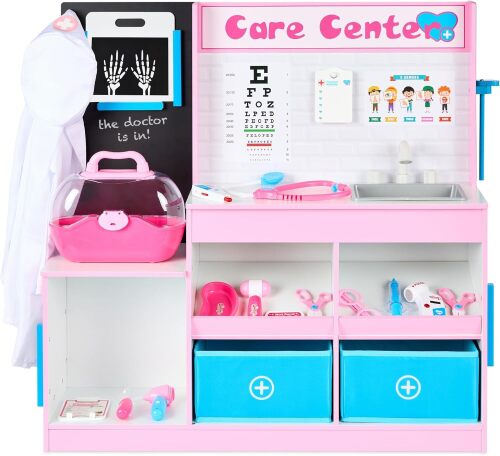 Pretend Play Doctor's Office, Wooden Medical Center Toy Set for Kids w/Carrying Case, All Accessories Included, Height Measurer, 2-Piece Costume
