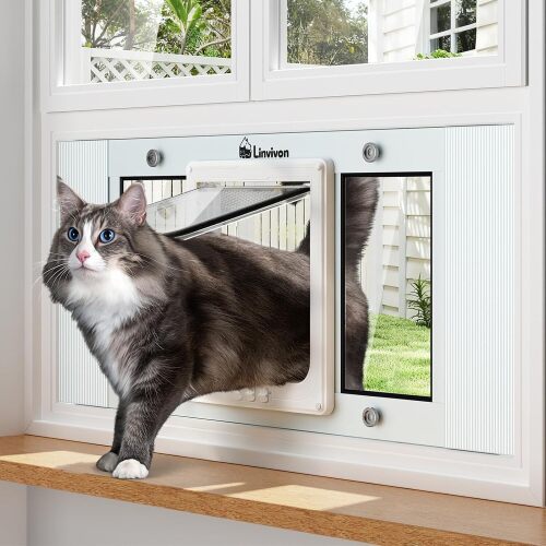 Cat Door for Window, Quick Installation Adjustable Width of 23"-28", Cat Window Door with 4 Locking Modes, Magnetic Closure Design, Weatherproof Aluminum Frame Pet Door for Window