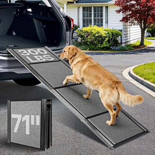 71''x 20'' Dog Ramp for Car, Pet Ramp for Large Dogs Up to 300LBS, Foldable Dog Car Ramp Stairs Steps with Waterproof & Non-Slip Rug Surface for Truck, SUV, Indoor & Outdoor(Wire Loop Fabric)
