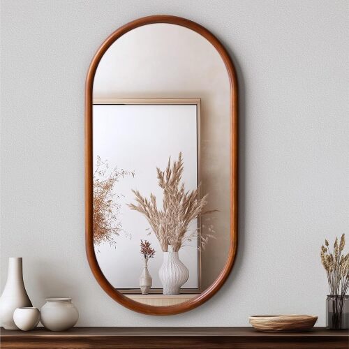 Navaris Wooden Oval Mirror Oval Wood Framed Mirror - Mirror for Bedroom Bathroom or Entryway Wall Decor - Versatile Hanging Orientation - Distortion-Free Reflection