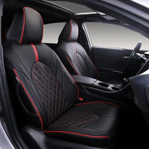 Custom Fit Camry Seat Covers for 2018-2024 Toyota Camry LE SE SE Nightshade, Waterproof Faux Leather Full Coverage Car Seat Protectors Full Set Accessories (Black+Red)