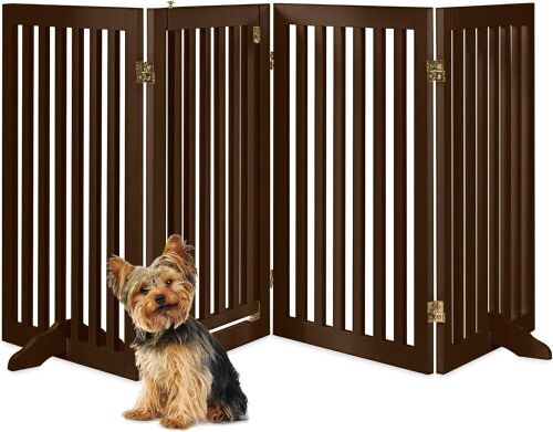 31.5in 4-Panel Freestanding Wooden Pet Gate w/Walk Through Door, Adjustable Pen, Support Feet