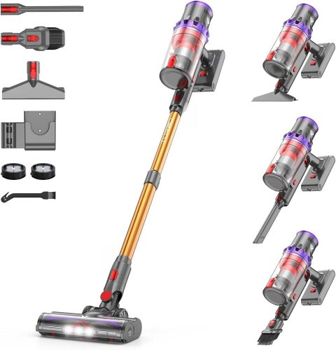 Coovy SU7 Cordless Vacuum Cleaner 580W 48Kpa 80 Minutes Runtime Stick Vacuum with Touch Screen Anti-Tangle Wireless Powerful Lightweight LED Vac for Home Pet Hair Carpet Hardwood, Gold