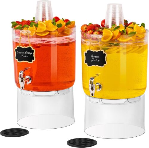2 Gallon Beverage Dispenser for Parties 2 PACK, BPA-Free Drink Dispenser with No Drip Spigot, Juice Dispensers with Stand, Transparent Plastic Water Dispenser, Drink Fountains with Multi-Function Lid