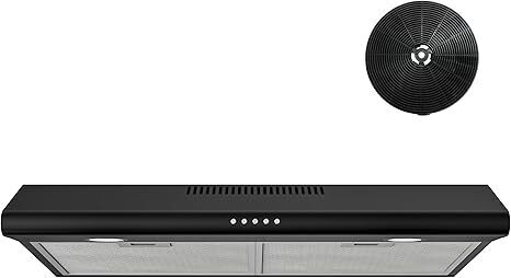 FIREGAS 30 Inch Black Under Cabinet Range Hood, Ducted/Ductless Convertible Kitchen Vent Hood with LED Light, 3-Speed Exhaust Fan, Push Button Control, Slim Stove Hood for Modern Kitchen